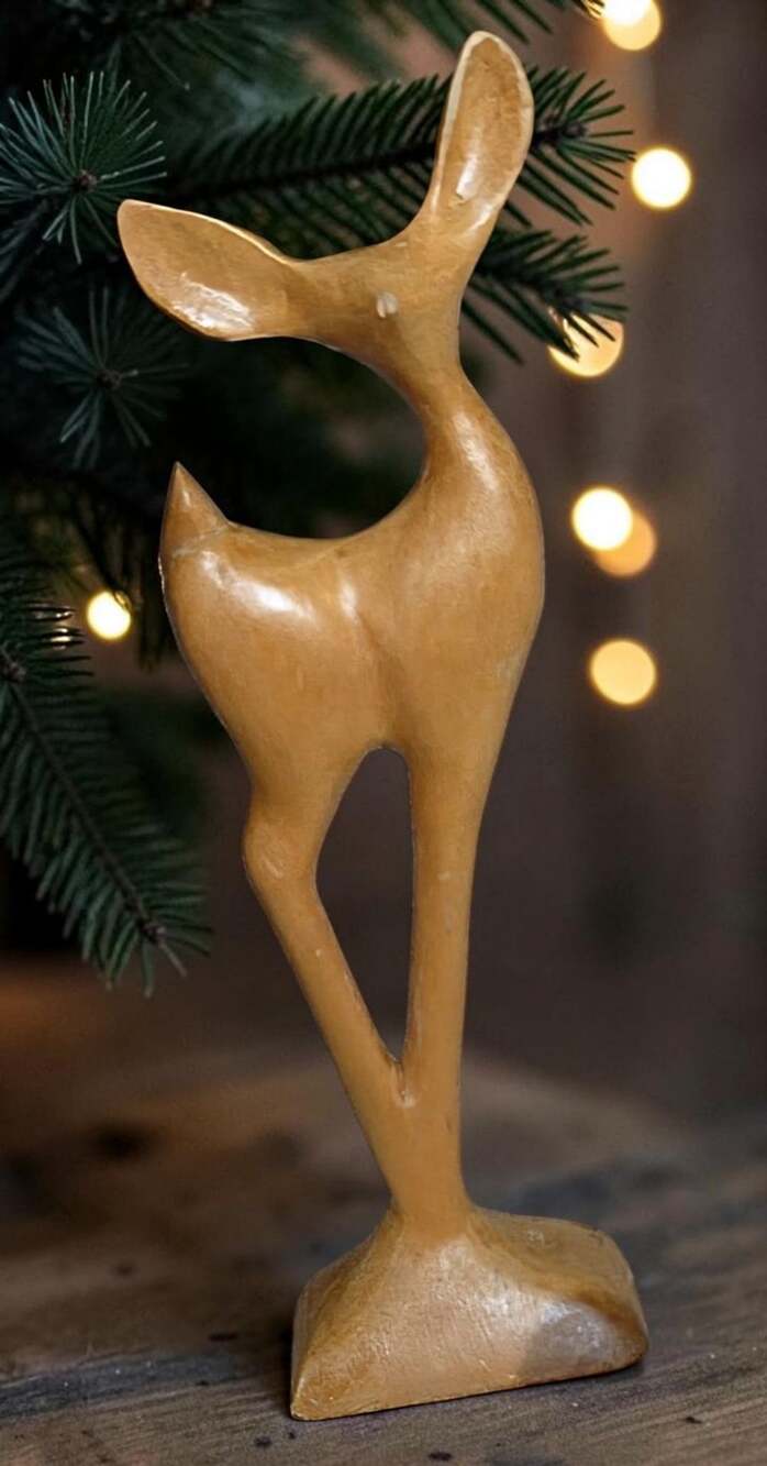 Hand Carved Wooden Deer Figurine Christmas Holiday Decor Statue